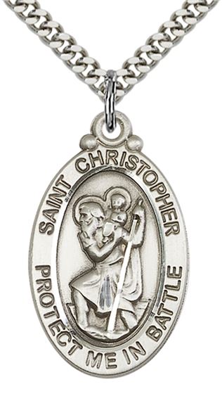 STERLING SILVER ST CHRISTOPHER PENDANT ON A CHAIN - 1 1/8" x 1 1/4"